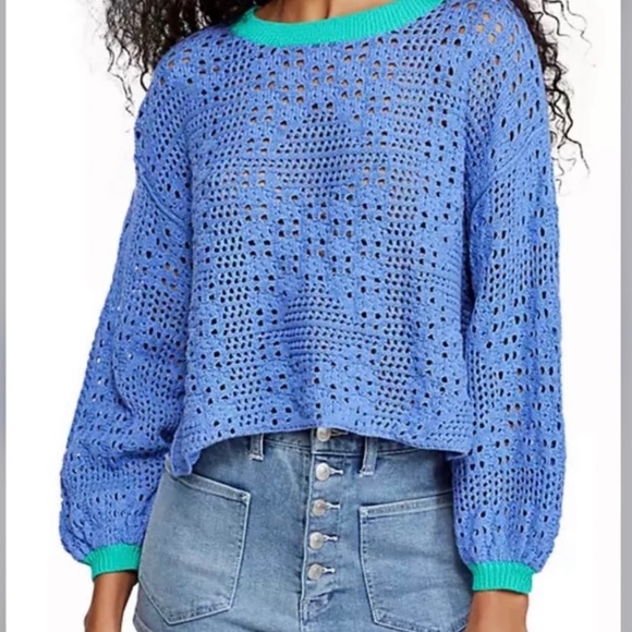 Free People Sweaters - Free People Blue and Green Knitted Cropped Sweater